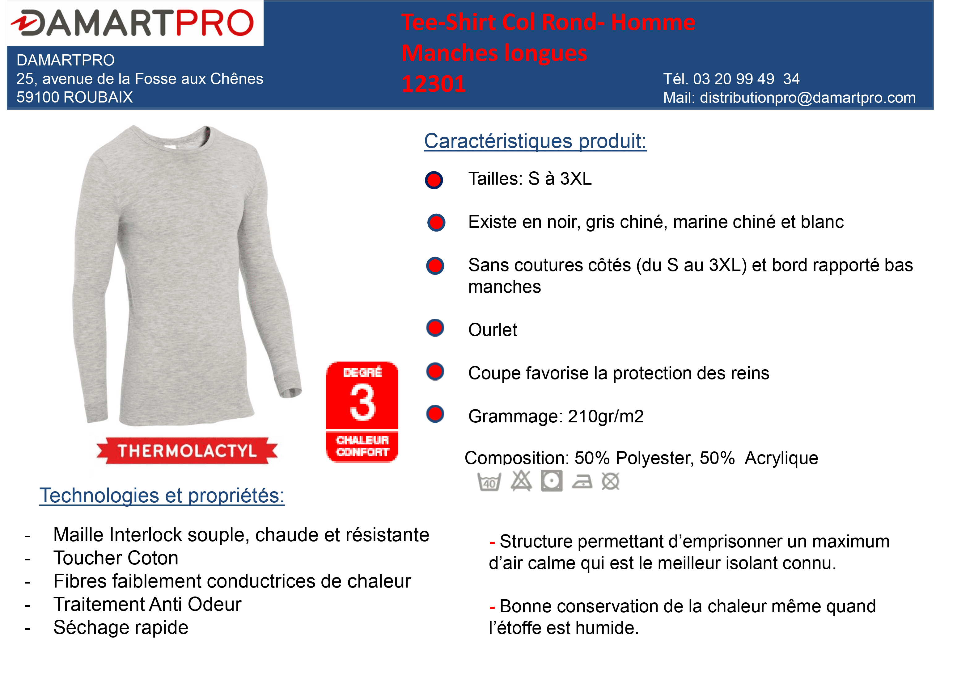 T-Shirt grand froid antistatique Thermolactyl Damart Pro